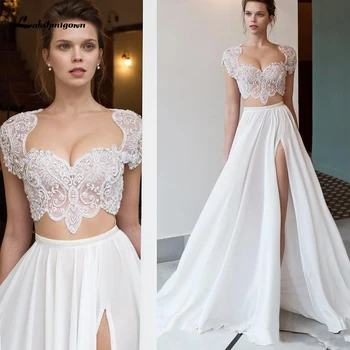2020 m. Pasėlių Viršuje Du Gabalus Split-line Balto Vestuvių Suknelės, Bžūp Rankovėmis, Ilgą Šifono Bohemijos Paplūdimio Vestuvių Suknelės