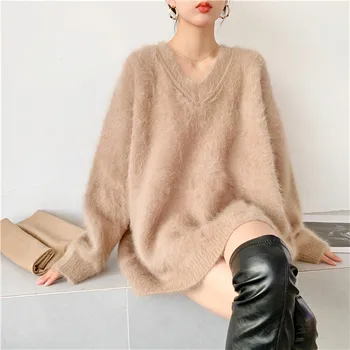 2021 Žiemos Švelnus Stilius Mink Aksomo Moterų Megztinis Negabaritinių Traukti Džemperis Moterims Tingus Stiliaus Naujas Šiltas Džemperis Viršų