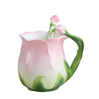 3D Rose Puodeliai Spalvos Emalio Puodelis Drinkware Gėlių Kavos Puodeliai Kūrybos Puodeliai, Keramikos su Šaukšteliu Kavą, Pieno, Arbatos Rinkiniai