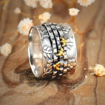 Europos ir Amerikos paprasta asmenybė plati konstrukcija dviejų spalvų mažai bičių gėlės žiedas vestuvinis žiedas dydis 6-10