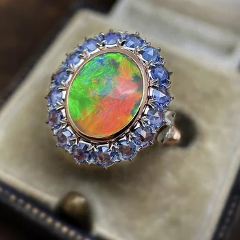 Prabangių Mados Natūralaus Safyro 18k Rose Gold Ring Ugnies Opalas Deimantas Žiedas Nuotaka Vestuvių Dalyvavimas Jubiliejų Dovana, Papuošalai