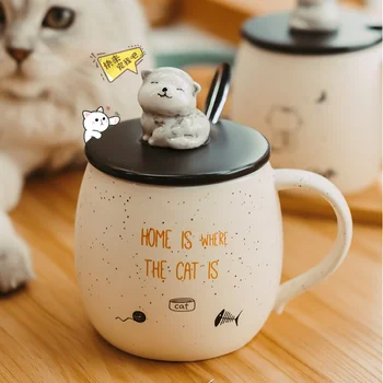 Pusryčiai Keramikos Puodelis Mielas Pienas, Kava Taurė Cartoon Vandens Office Cat Taurės Kūrybos Namuose Tazas Drinkware su Dangteliu Šaukštas ED50MK