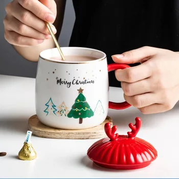 Tika Kalėdų Puodelis Rankų Dažytos Kalėdų Senelis Keramikos Vandens Butelis su dangteliu ir Šaukštu Didelės Talpos Pieno Kavos Puodelio