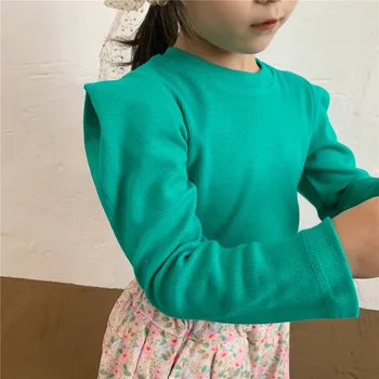Vaikiški marškinėliai 2021 m. rudenį naujų korėjos mergaičių burbulas rankovės kūdikio marškinėliai vaikų kietas apvalios kaklo long sleeve T-shirt
