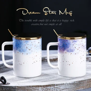 Šiaurės Fantazijos Žvaigždėtas Dangus Puodelis Keramikos Puodelis Pora Poros Puodelis Su Dangteliu Šaukštu, puodeliai, kavos puodeliai dovanų Aukso nerūdijančio plieno šaukštas